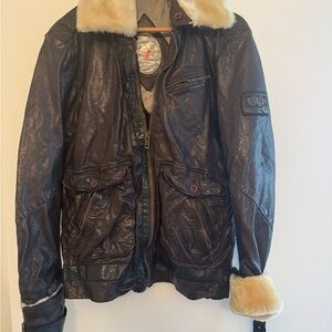 DIESEL Men's Dark Brown Shearling-Lined Leather Flight Jacket. Size L